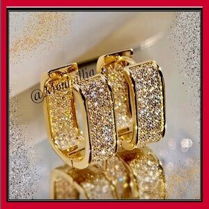 New gold cluster pave simulated diamond oblong mod huggie hoop earrings